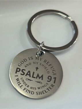 Psalm 91 Engraved Religious Keychain - Silvertone